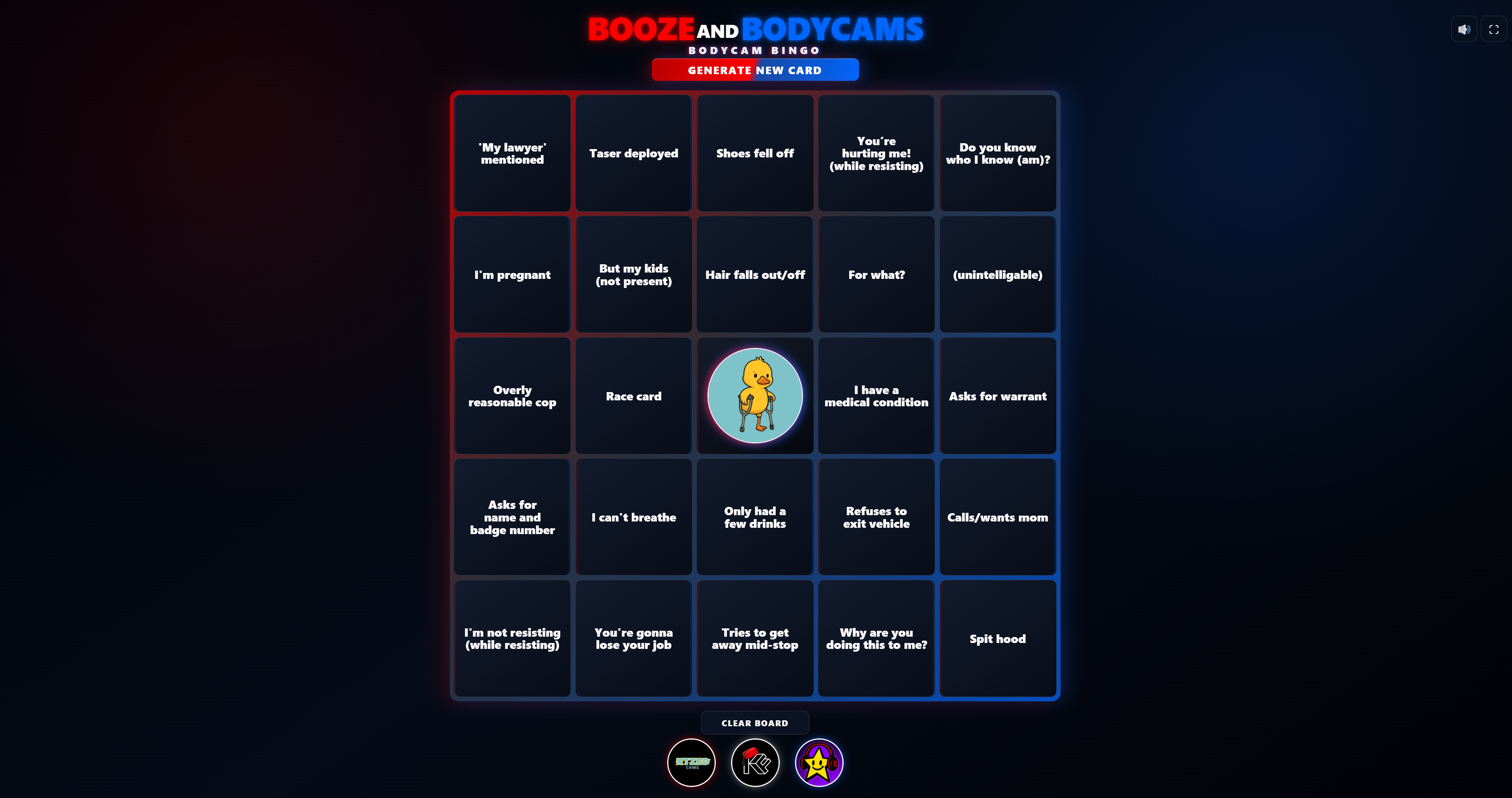 Booze and Bodycams Bodycam Bingo game board